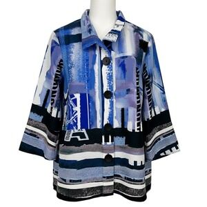 Ali Miles Womens Medium Blue Abstract Art Print Wire Collar Button Front Jacket